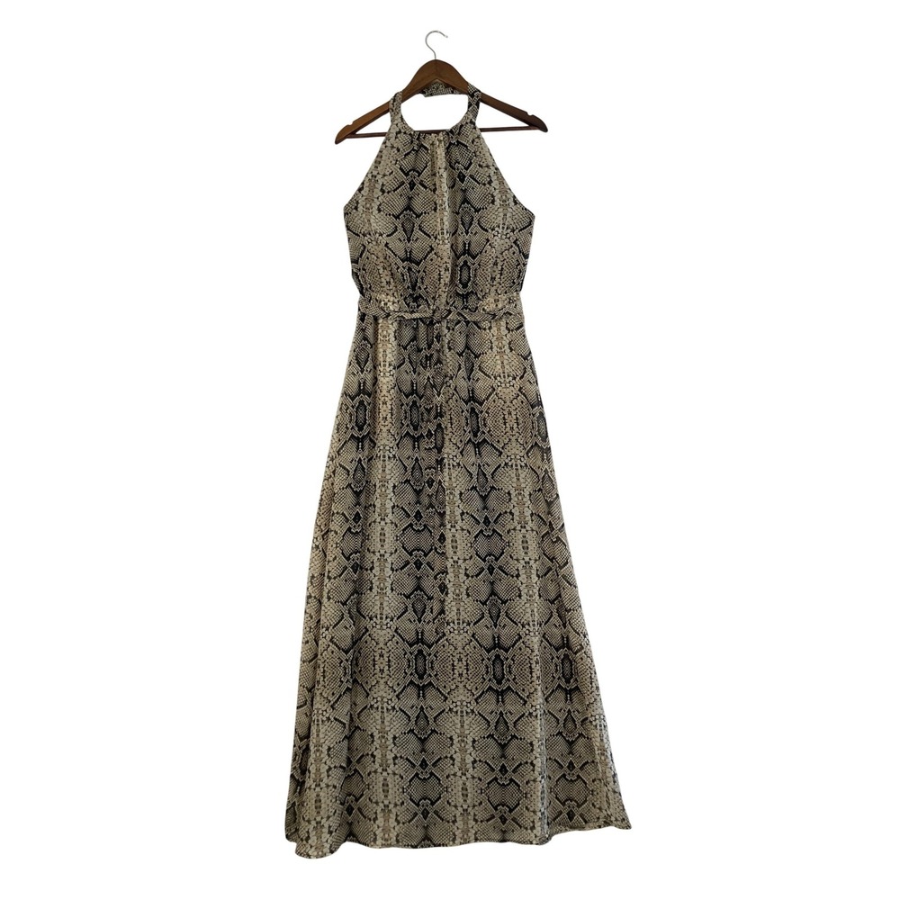 Jessica Simpson Snakeskin Halter Maxi Dress Womens 6 Tan Black Animal Print